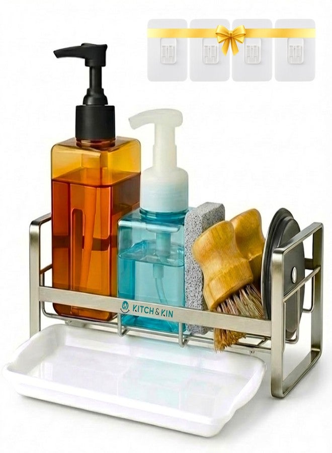 KITCH & KIN Stainless Steel Kitchen & Washroom Sink Organizer Rack with Drain Tray - Wall Mount Soap Stand, Sponge Holder & Adhesive Storage Organiser for Cleaning Essentials - Image 1
